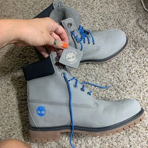 Gray and Blue Timberland Boots